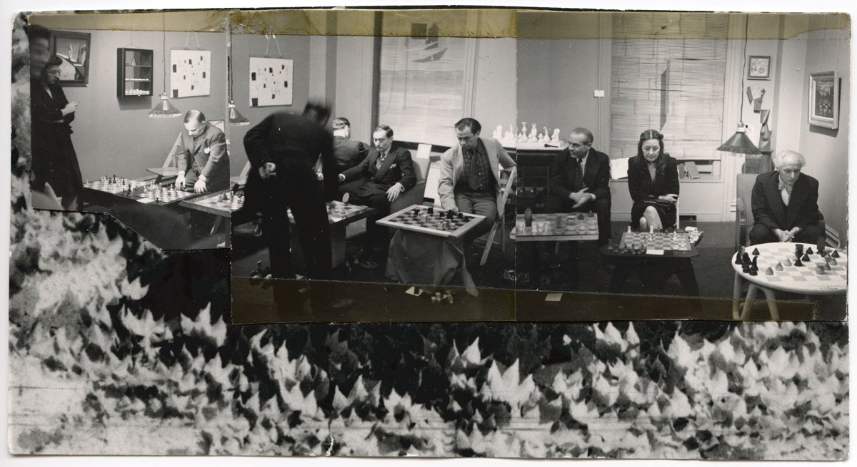 Dorothea Tanning, Chess Tournament at the Julien Levy Gallery, 6th January, 1945, collage with three photographs taken by Julien Levy.
