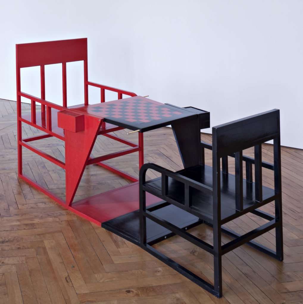 Michel Aubry, L’Échiquier (The Chessboard), 2000, painted wood, two reeds